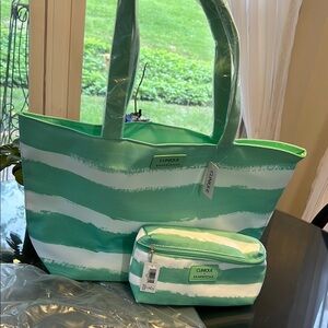 Clinique Green and White Striped Tote Bag Set